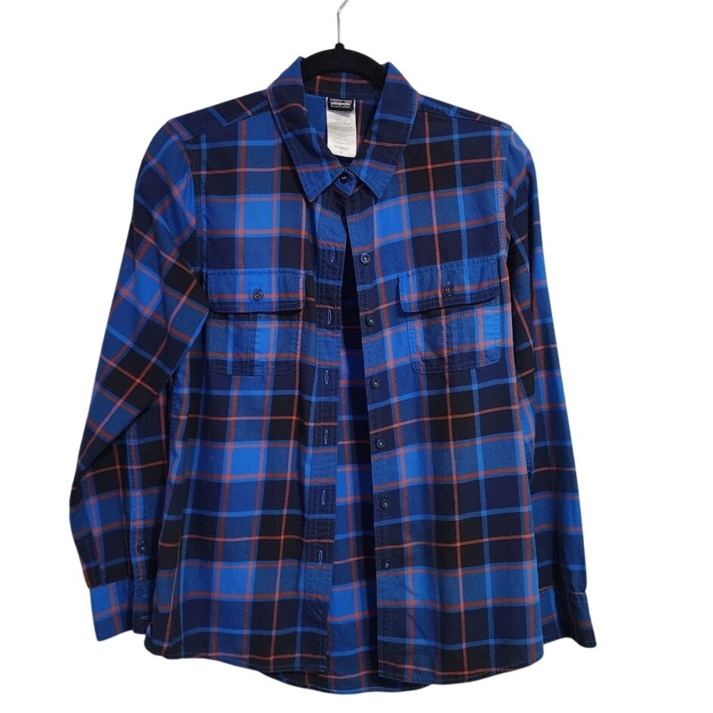 PATAGONIA Plaid Flannel Shirt Blue Orange Organic Cotton Blend Gorpcore Size 8